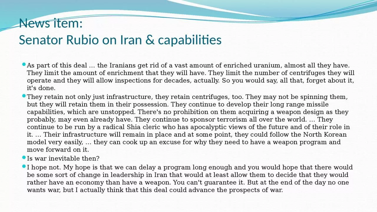 PPT-News item: Senator Rubio on Iran & capabilities