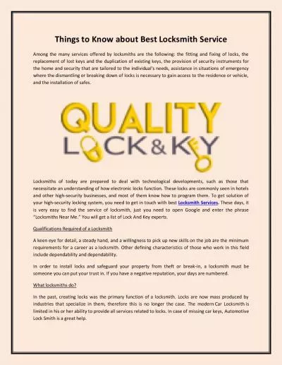 Things to Know about Best Locksmith Service