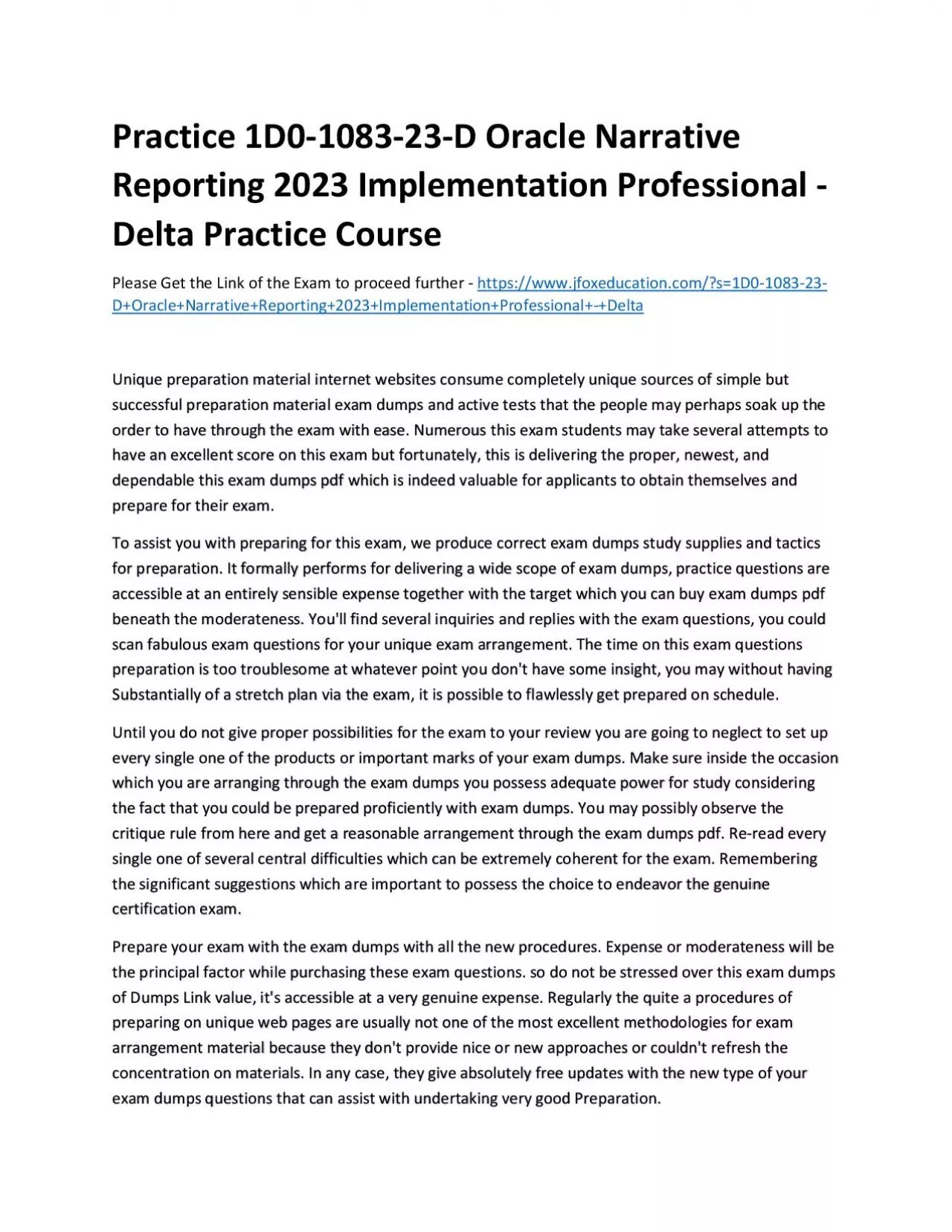 PDF-Practice 1D0-1083-23-D Oracle Narrative Reporting 2023 Implementation Professional - Delta