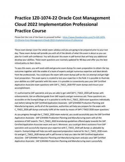 Practice 1Z0-1074-22 Oracle Cost Management Cloud 2022 Implementation Professional Practice