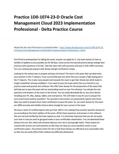 Practice 1D0-1074-23-D Oracle Cost Management Cloud 2023 Implementation Professional -