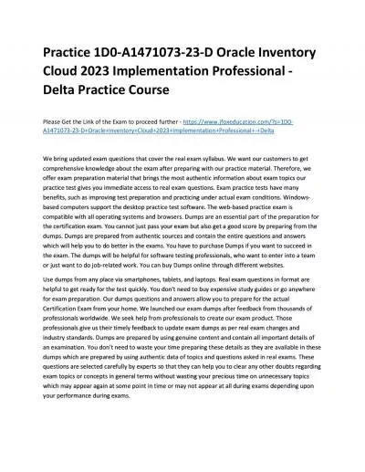 Practice 1D0-A1471073-23-D Oracle Inventory Cloud 2023 Implementation Professional - Delta Practice Course