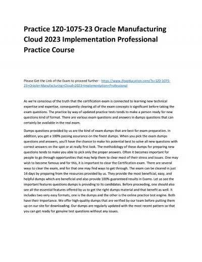 Practice 1Z0-1075-23 Oracle Manufacturing Cloud 2023 Implementation Professional Practice