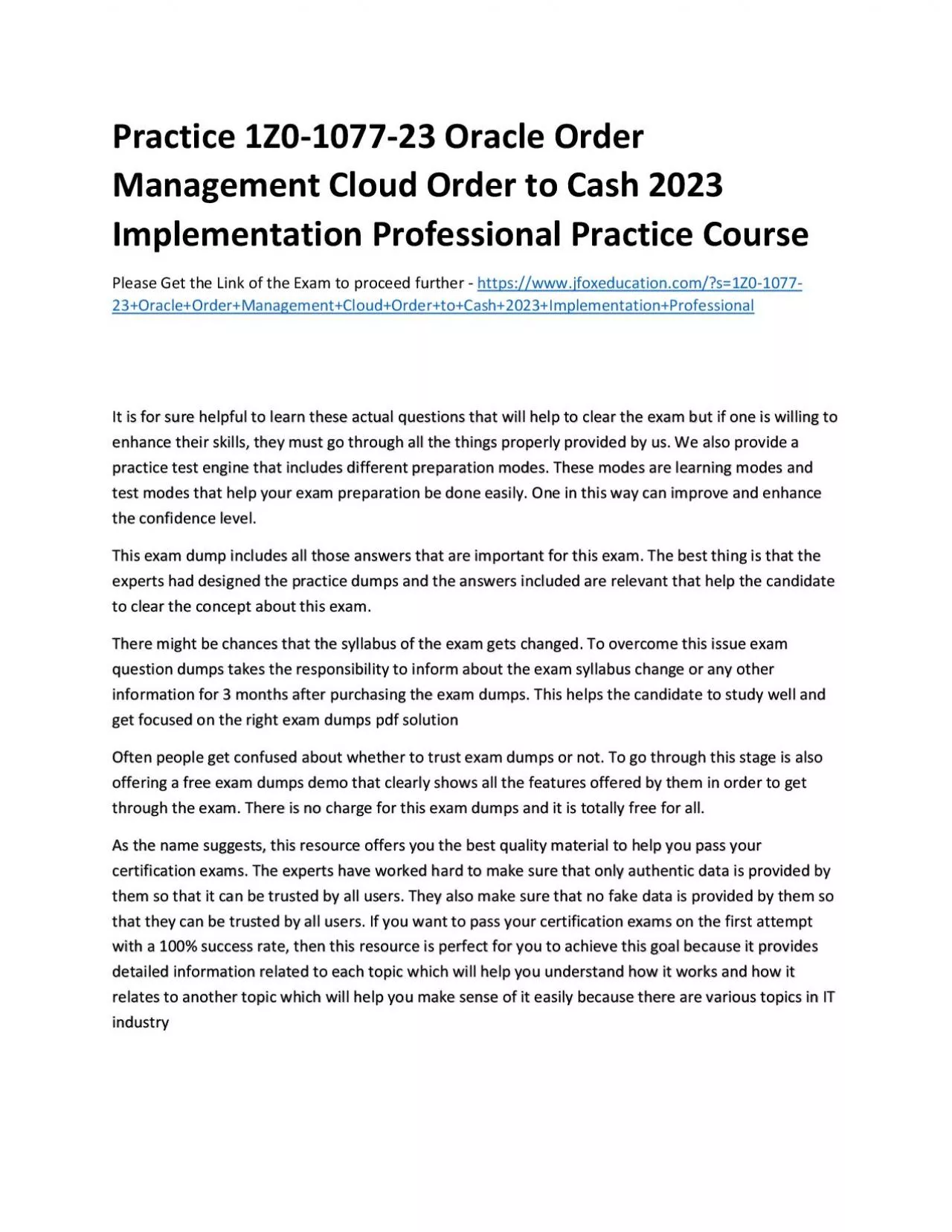 Practice 1Z0-1077-23 Oracle Order Management Cloud Order to Cash 2023 Implementation Professional