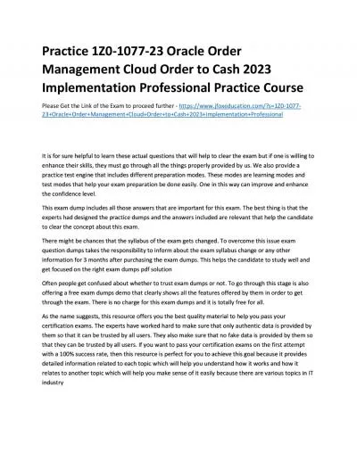 Practice 1Z0-1077-23 Oracle Order Management Cloud Order to Cash 2023 Implementation Professional