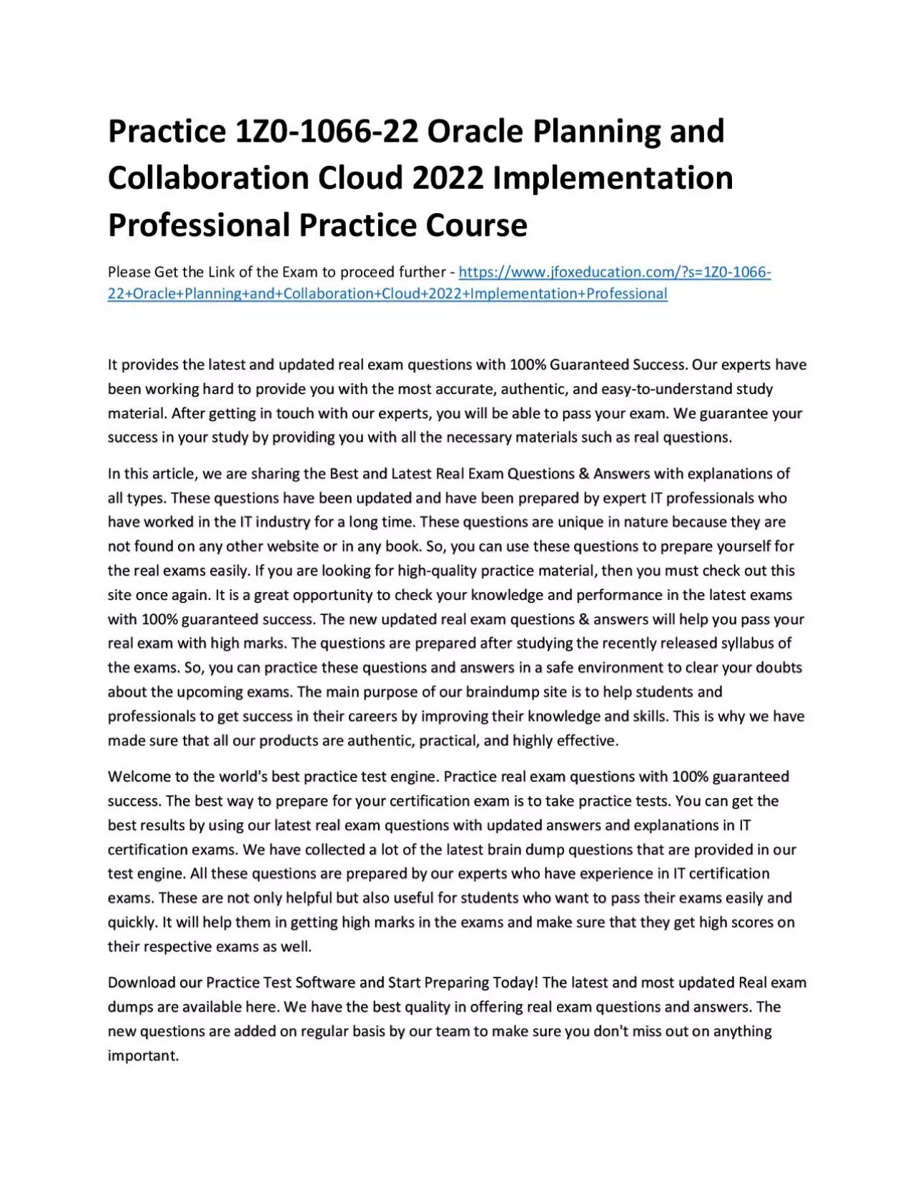 PDF-Practice 1Z0-1066-22 Oracle Planning and Collaboration Cloud 2022 Implementation Professional