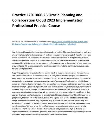 Practice 1Z0-1066-23 Oracle Planning and Collaboration Cloud 2023 Implementation Professional Practice Course