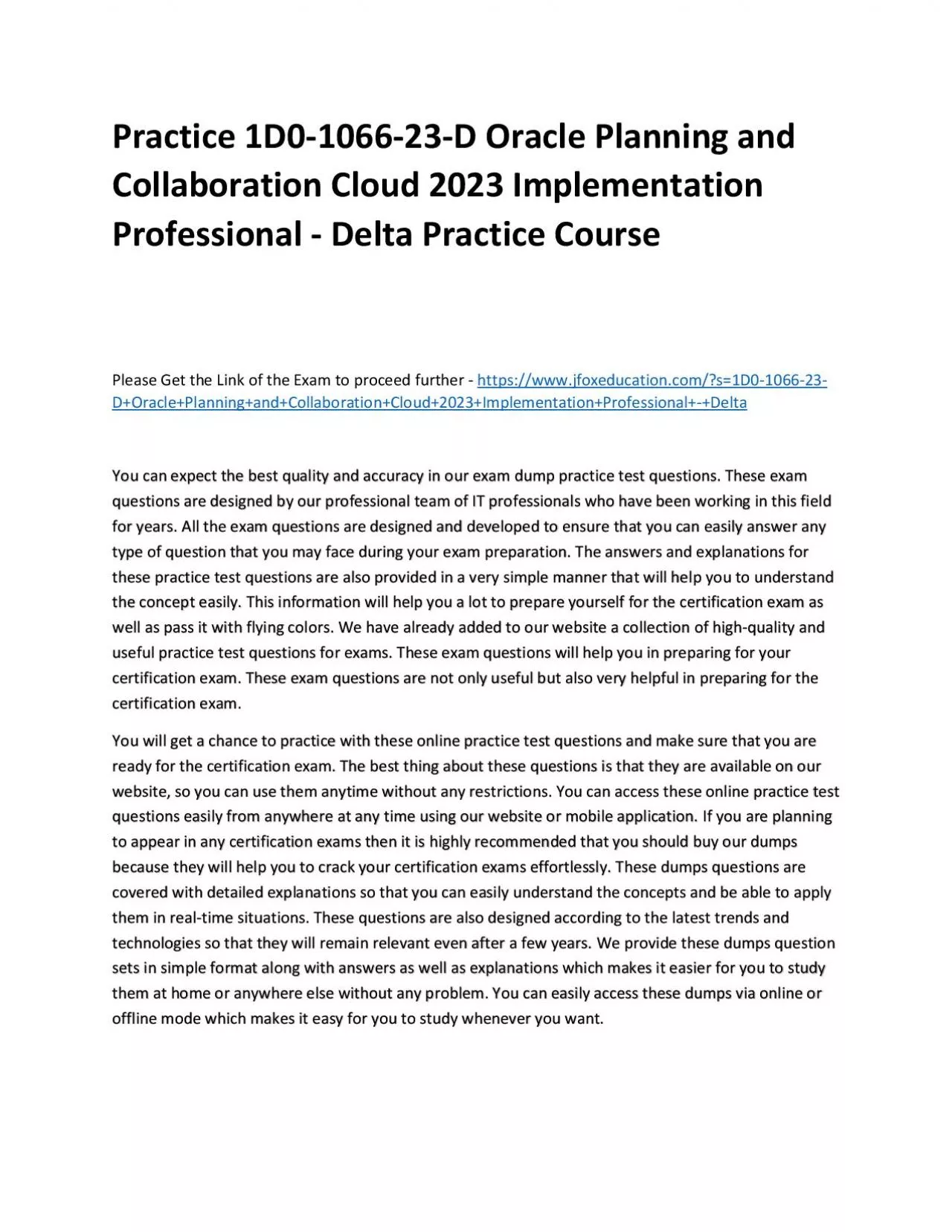 PDF-Practice 1D0-1066-23-D Oracle Planning and Collaboration Cloud 2023 Implementation Professional