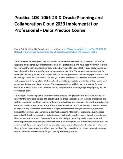 Practice 1D0-1066-23-D Oracle Planning and Collaboration Cloud 2023 Implementation Professional - Delta Practice Course