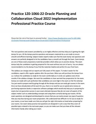 Practice 1Z0-1066-22 Oracle Planning and Collaboration Cloud 2022 Implementation Professional Practice Course