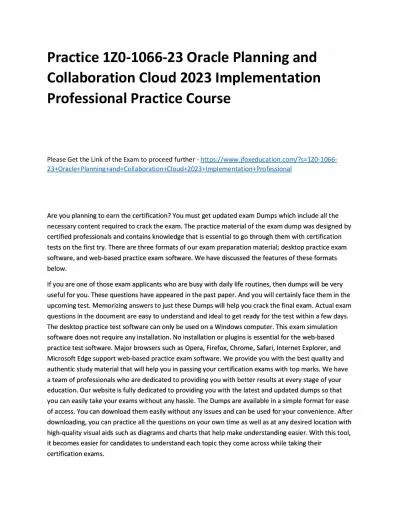 Practice 1Z0-1066-23 Oracle Planning and Collaboration Cloud 2023 Implementation Professional Practice Course