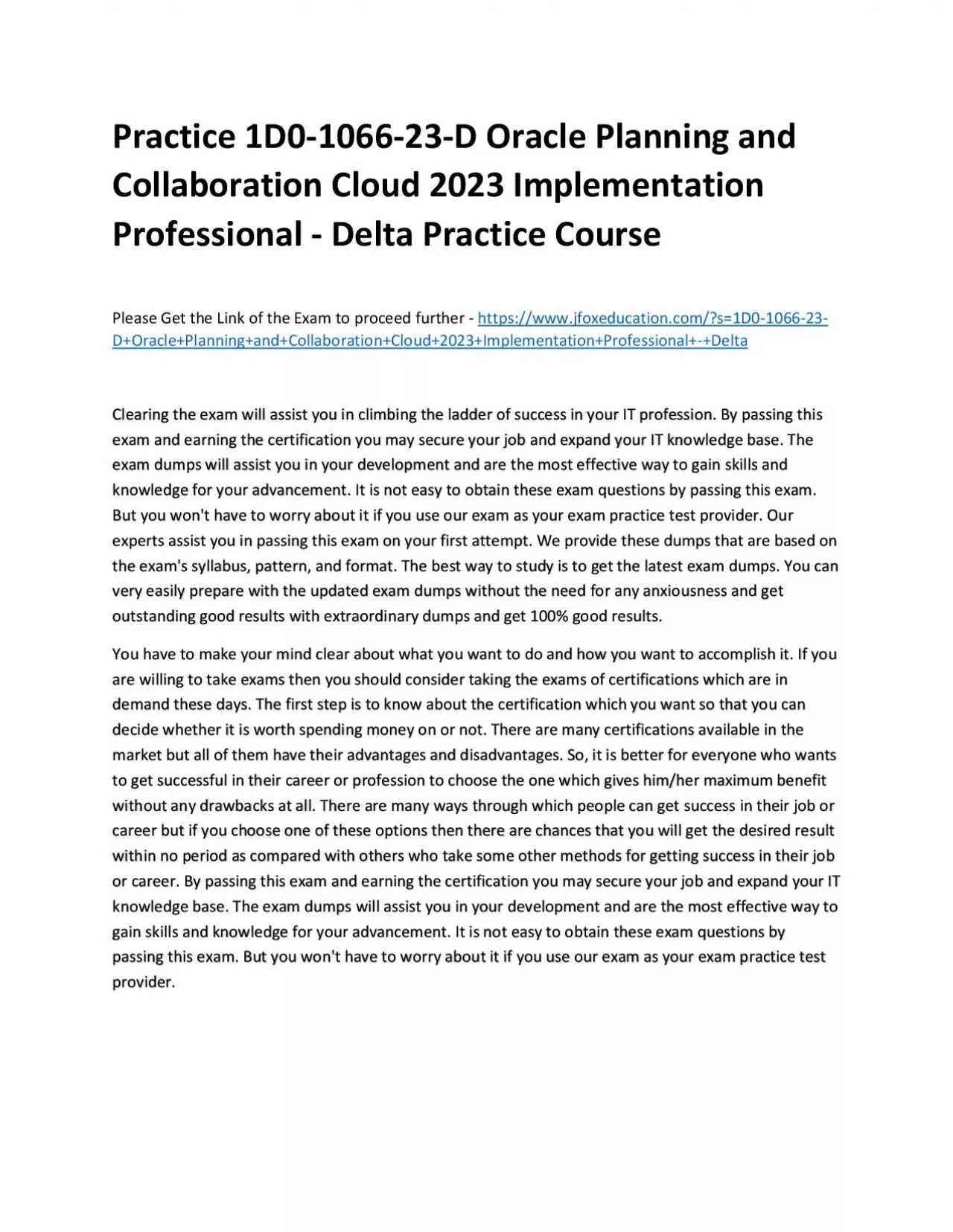 PDF-Practice 1D0-1066-23-D Oracle Planning and Collaboration Cloud 2023 Implementation Professional