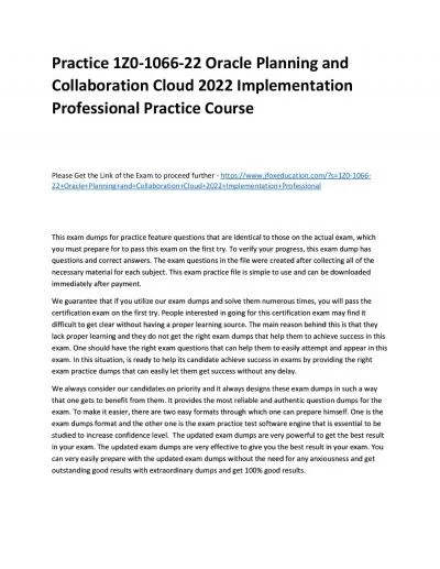 Practice 1Z0-1066-22 Oracle Planning and Collaboration Cloud 2022 Implementation Professional Practice Course