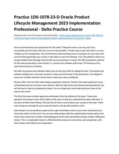 Practice 1D0-1078-23-D Oracle Product Lifecycle Management 2023 Implementation Professional