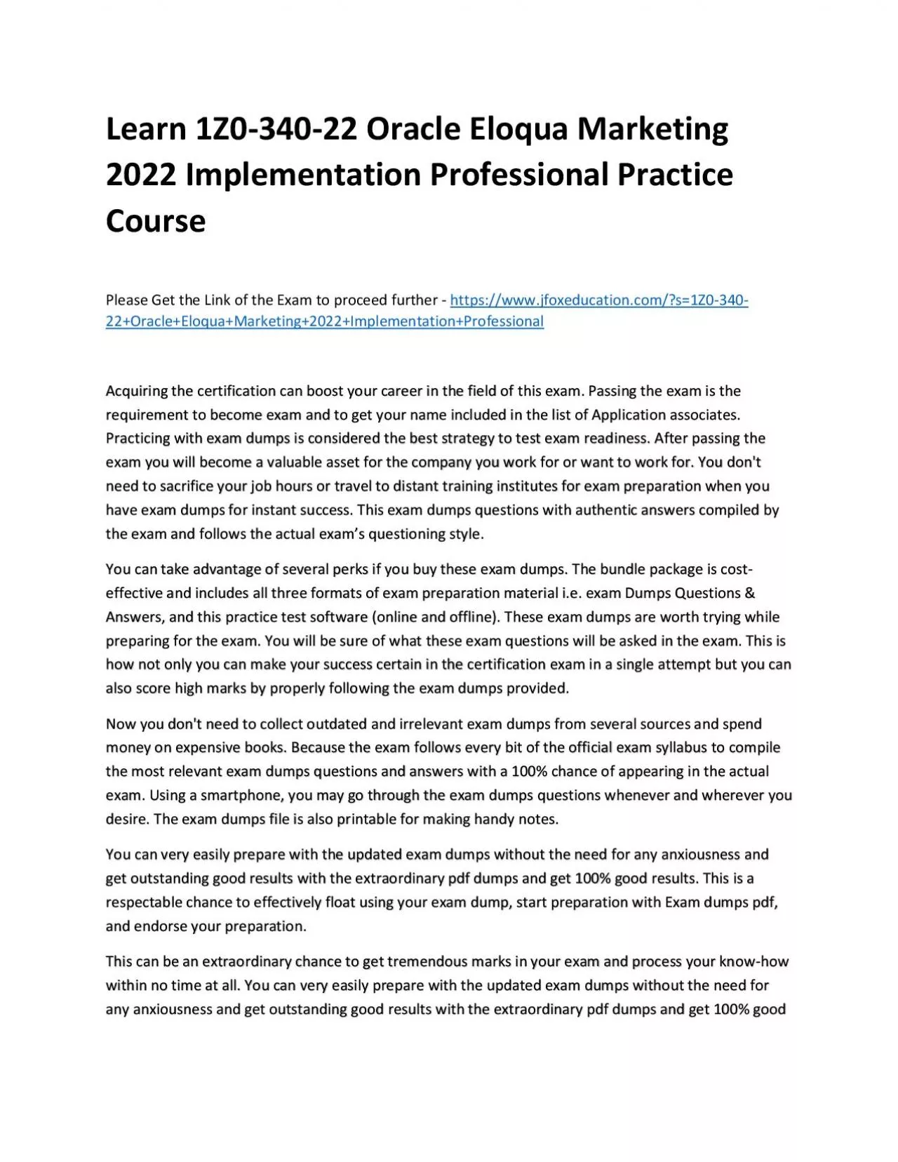 PDF-Learn 1Z0-340-22 Oracle Eloqua Marketing 2022 Implementation Professional Practice Course