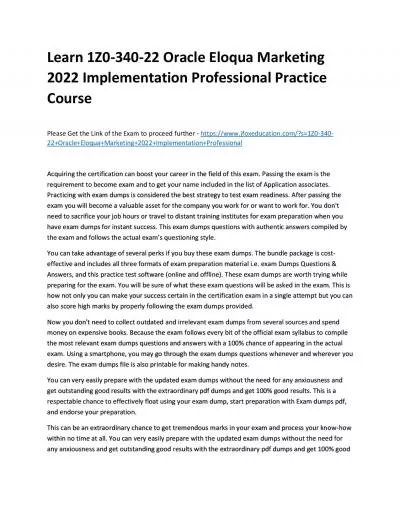 Learn 1Z0-340-22 Oracle Eloqua Marketing 2022 Implementation Professional Practice Course