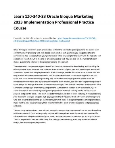 Learn 1Z0-340-23 Oracle Eloqua Marketing 2023 Implementation Professional Practice Course