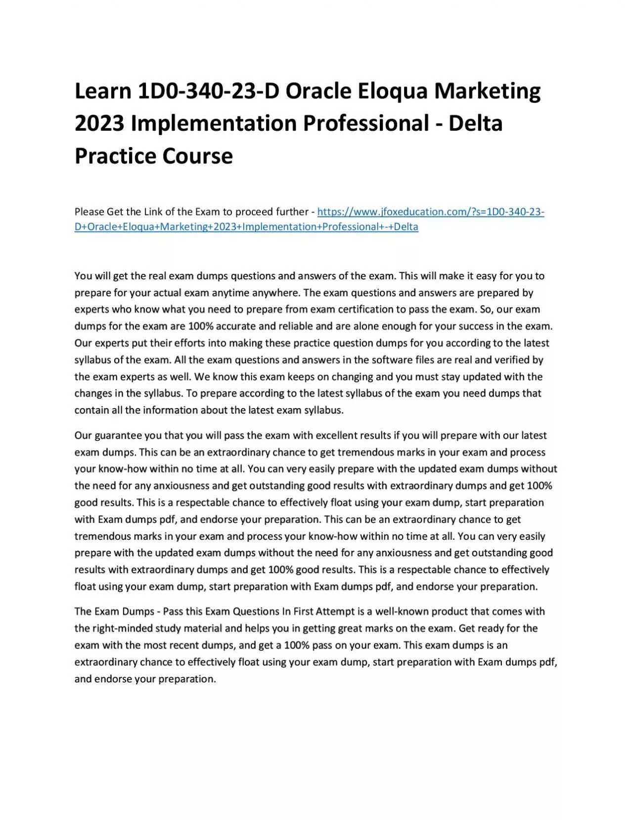 PDF-Learn 1D0-340-23-D Oracle Eloqua Marketing 2023 Implementation Professional - Delta Practice