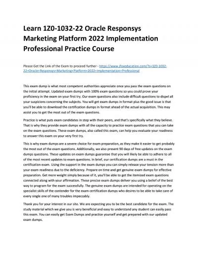 Learn 1Z0-1032-22 Oracle Responsys Marketing Platform 2022 Implementation Professional