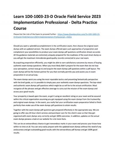 Learn 1D0-1003-23-D Oracle Field Service 2023 Implementation Professional - Delta Practice