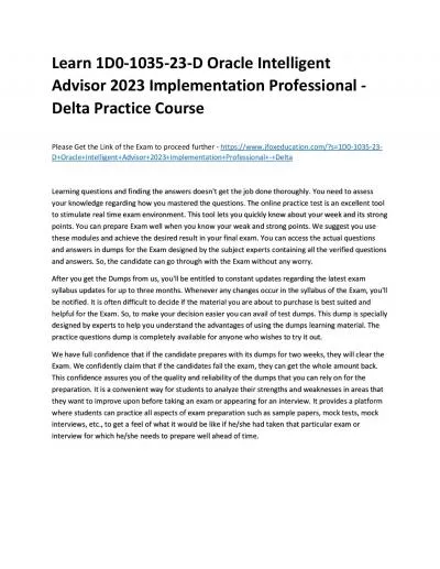 Learn 1D0-1035-23-D Oracle Intelligent Advisor 2023 Implementation Professional - Delta