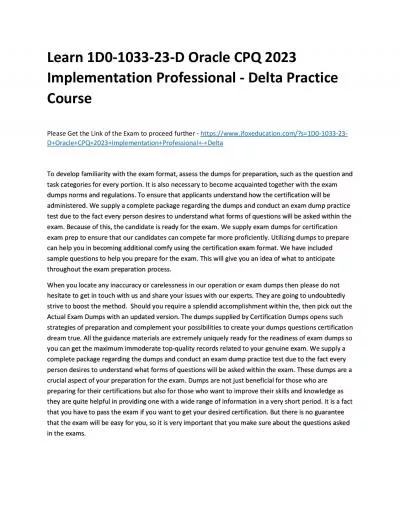 Learn 1D0-1033-23-D Oracle CPQ 2023 Implementation Professional - Delta Practice Course