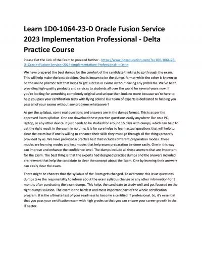 Learn 1D0-1064-23-D Oracle Fusion Service 2023 Implementation Professional - Delta Practice