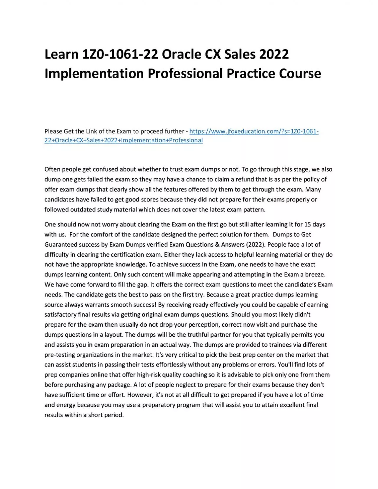 PDF-Learn 1Z0-1061-22 Oracle CX Sales 2022 Implementation Professional Practice Course