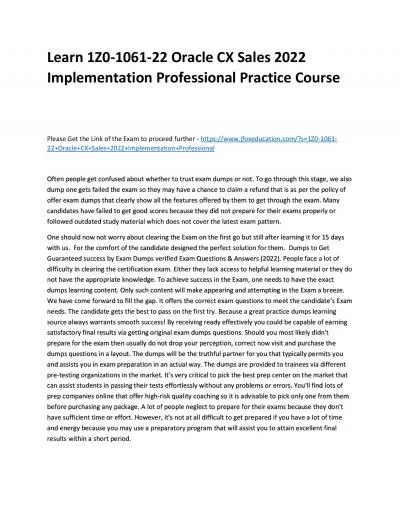 Learn 1Z0-1061-22 Oracle CX Sales 2022 Implementation Professional Practice Course