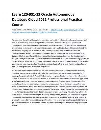 Learn 1Z0-931-22 Oracle Autonomous Database Cloud 2022 Professional Practice Course
