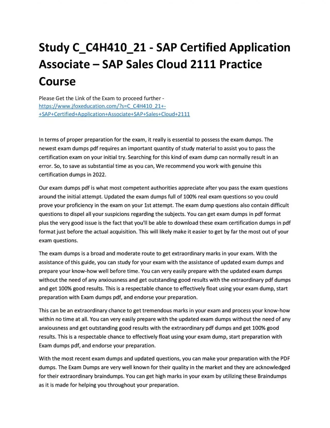 PDF-Study C_C4H410_21 - SAP Certified Application Associate – SAP Sales Cloud 2111 Practice