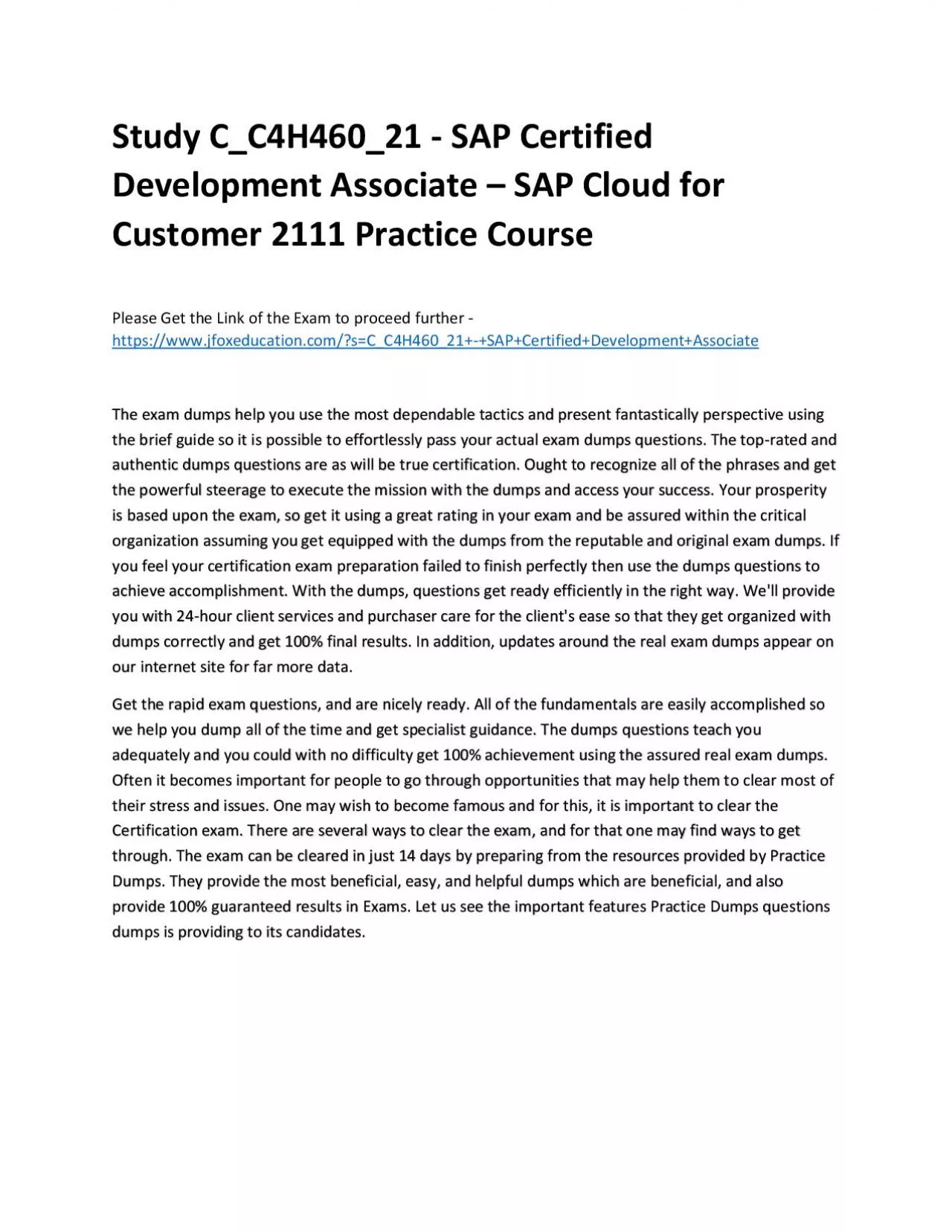 PDF-Study C_C4H460_21 - SAP Certified Development Associate – SAP Cloud for Customer 2111