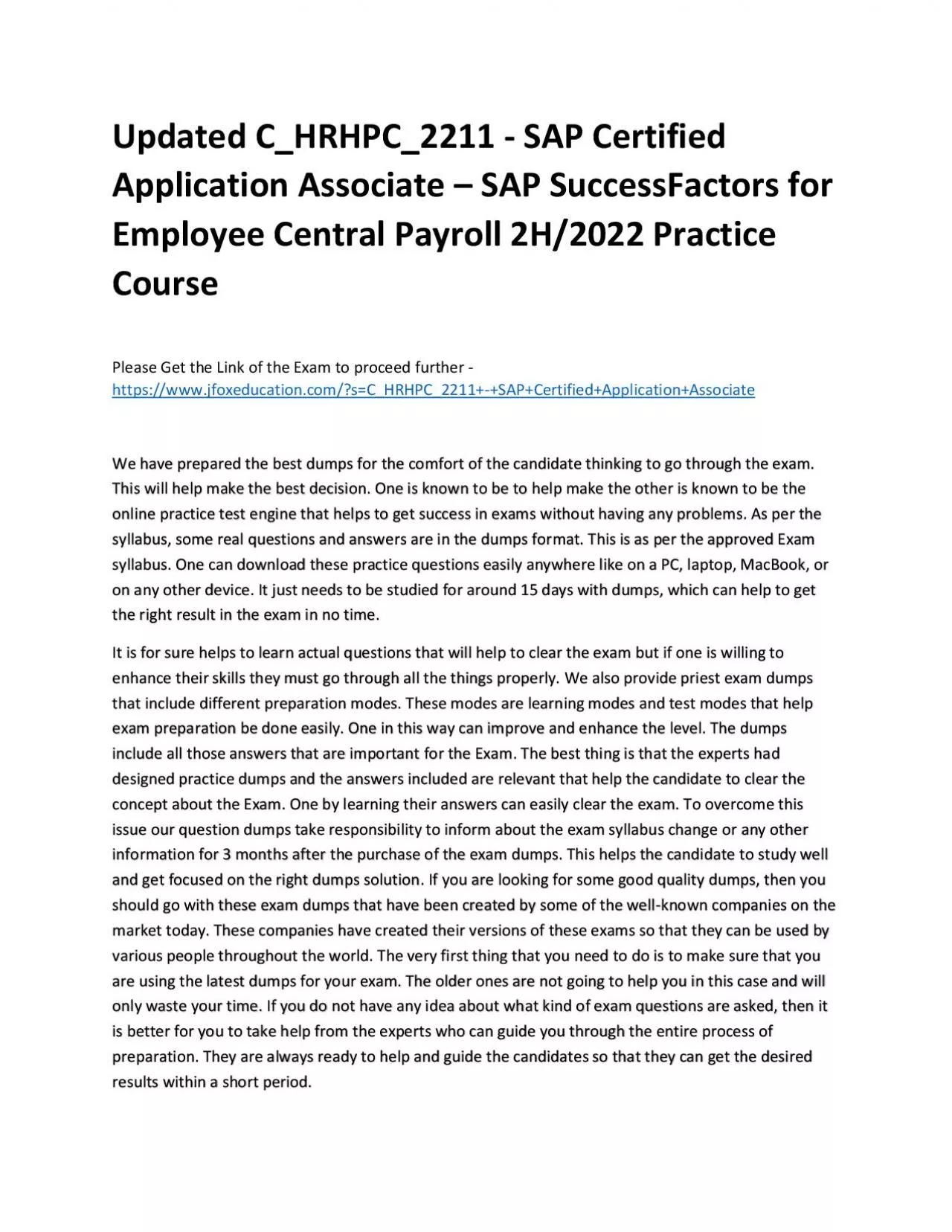 PDF-Updated C_HRHPC_2211 - SAP Certified Application Associate – SAP SuccessFactors for