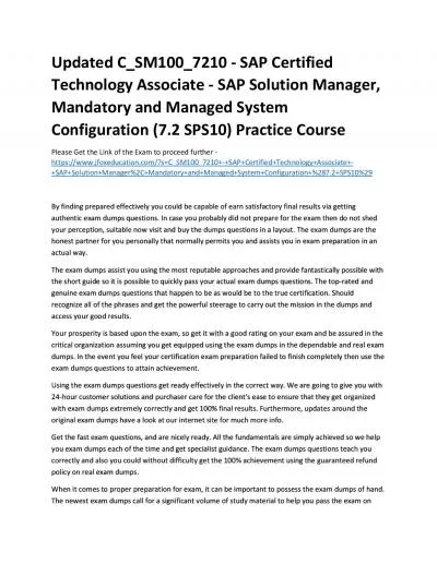 Updated C_SM100_7210 - SAP Certified Technology Associate - SAP Solution Manager, Mandatory and Managed System Configuration (7.2 SPS10) Practice Course