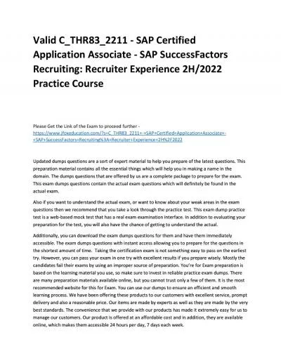 Valid C_THR83_2211 - SAP Certified Application Associate - SAP SuccessFactors Recruiting: Recruiter Experience 2H/2022 Practice Course