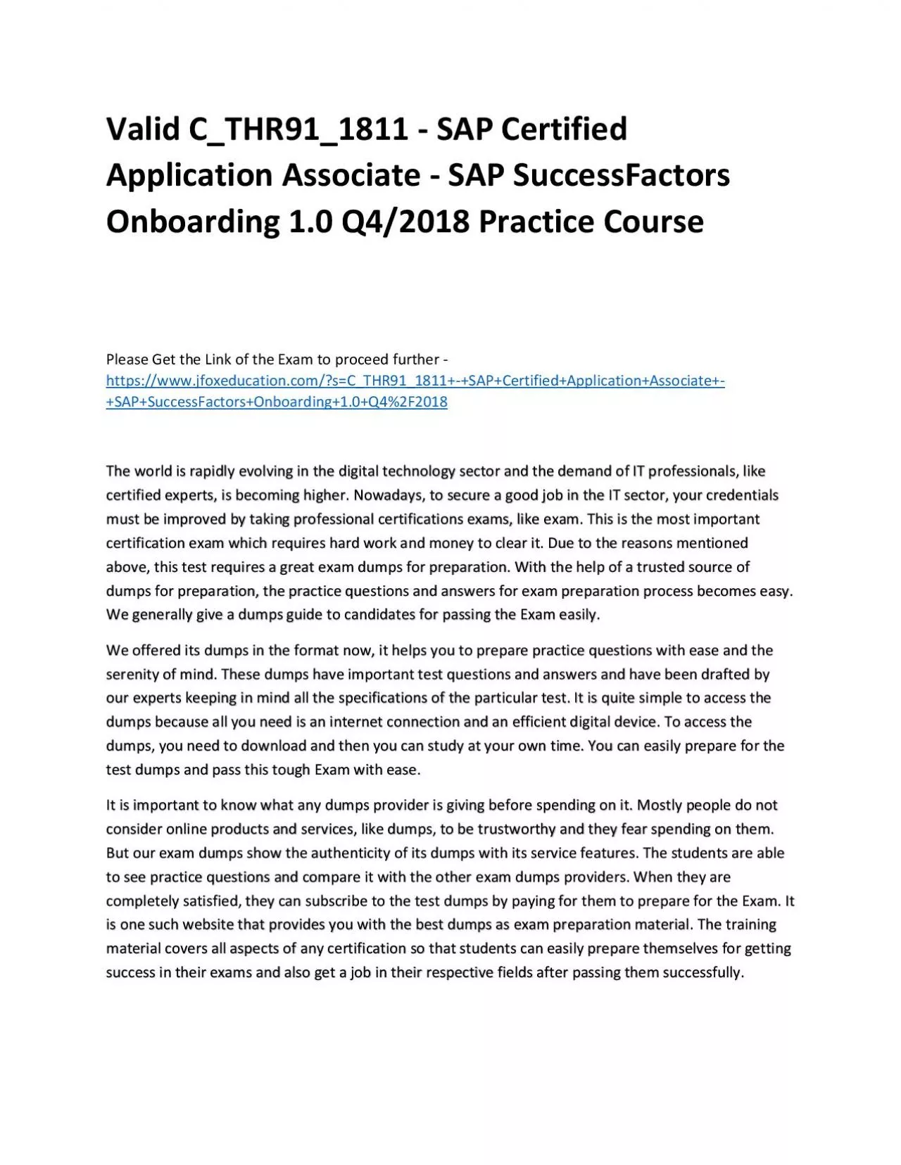 PDF-Valid C_THR91_1811 - SAP Certified Application Associate - SAP SuccessFactors Onboarding