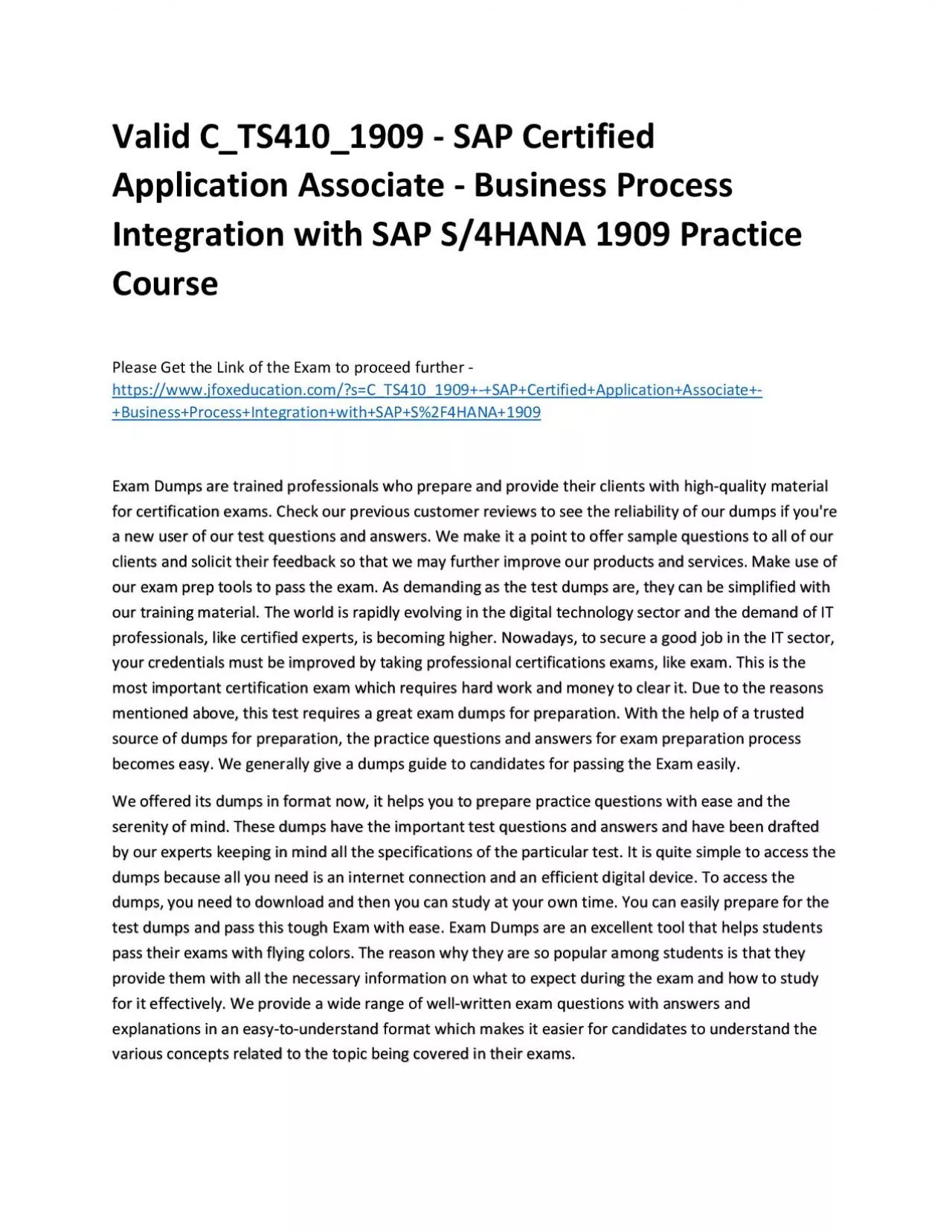 PDF-Valid C_TS410_1909 - SAP Certified Application Associate - Business Process Integration