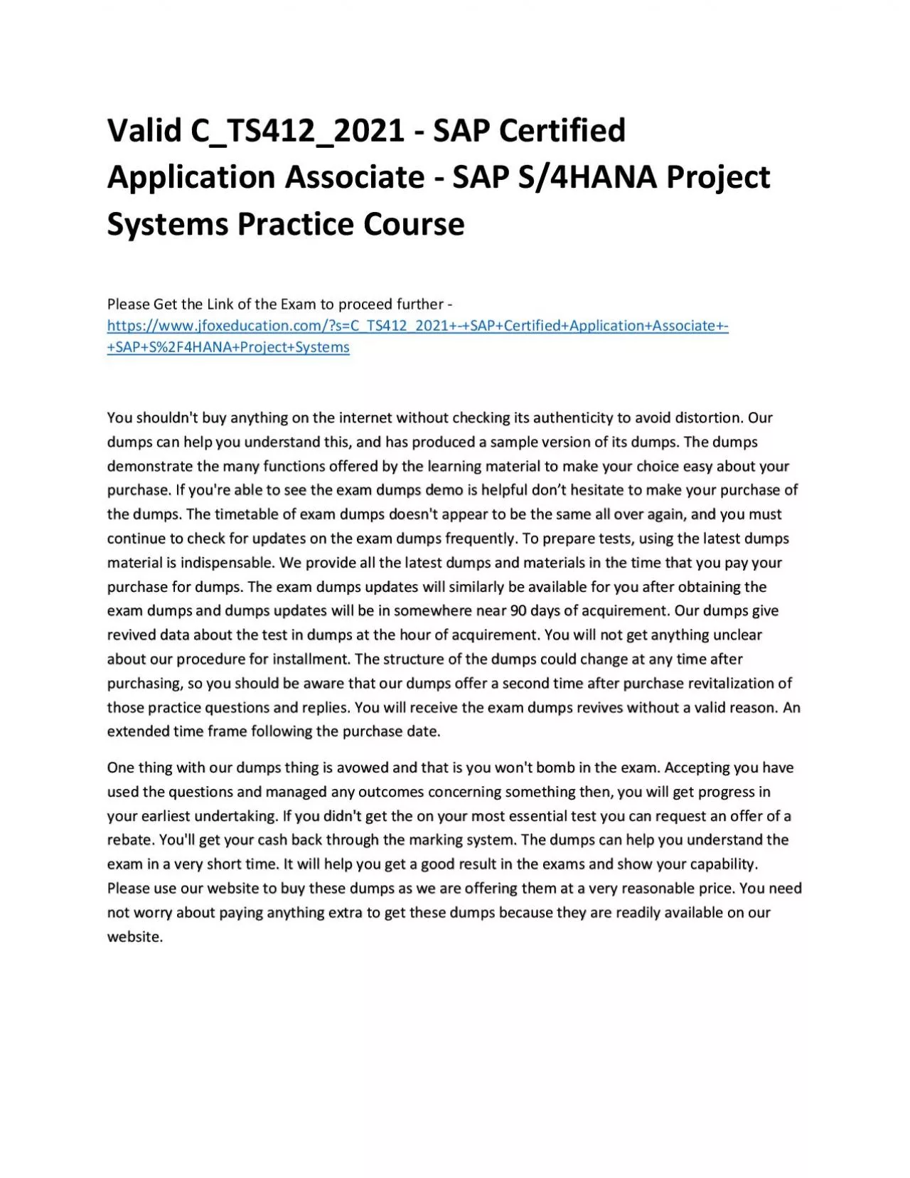 PDF-Valid C_TS412_2021 - SAP Certified Application Associate - SAP S/4HANA Project Systems