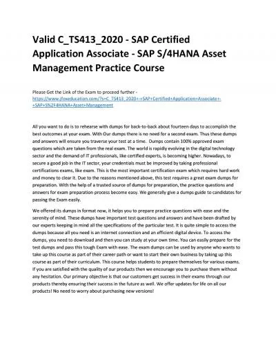 Valid C_TS413_2020 - SAP Certified Application Associate - SAP S/4HANA Asset Management