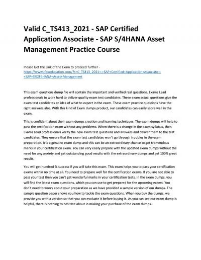 Valid C_TS413_2021 - SAP Certified Application Associate - SAP S/4HANA Asset Management