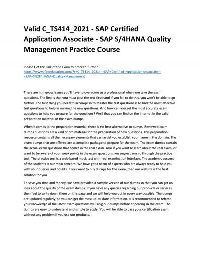 Valid C_TS414_2021 - SAP Certified Application Associate - SAP S/4HANA Quality Management Practice Course