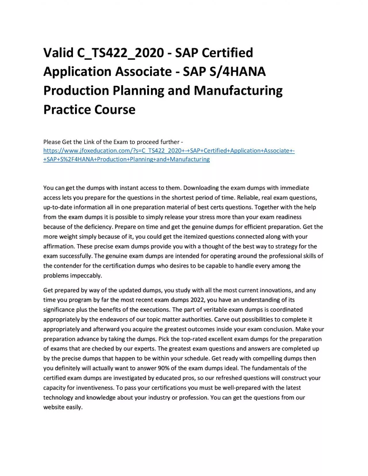 PDF-Valid C_TS422_2020 - SAP Certified Application Associate - SAP S/4HANA Production Planning