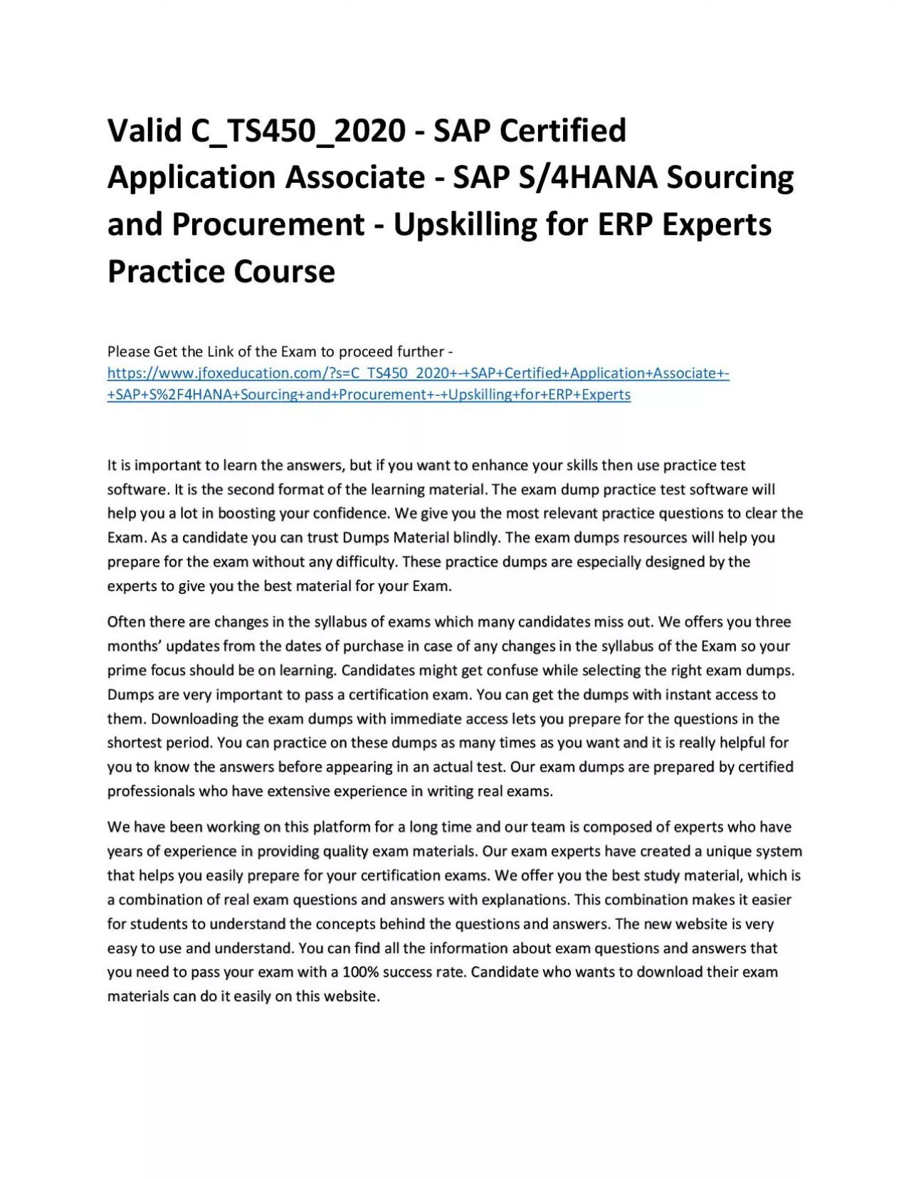 Valid C_TS450_2020 - SAP Certified Application Associate - SAP S/4HANA Sourcing and Procurement