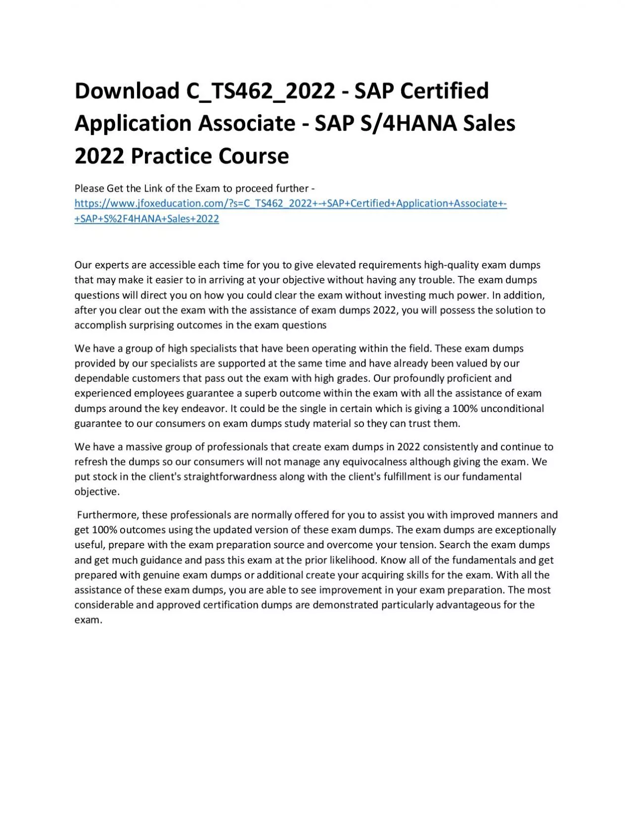 PDF-Download C_TS462_2022 - SAP Certified Application Associate - SAP S/4HANA Sales 2022 Practice