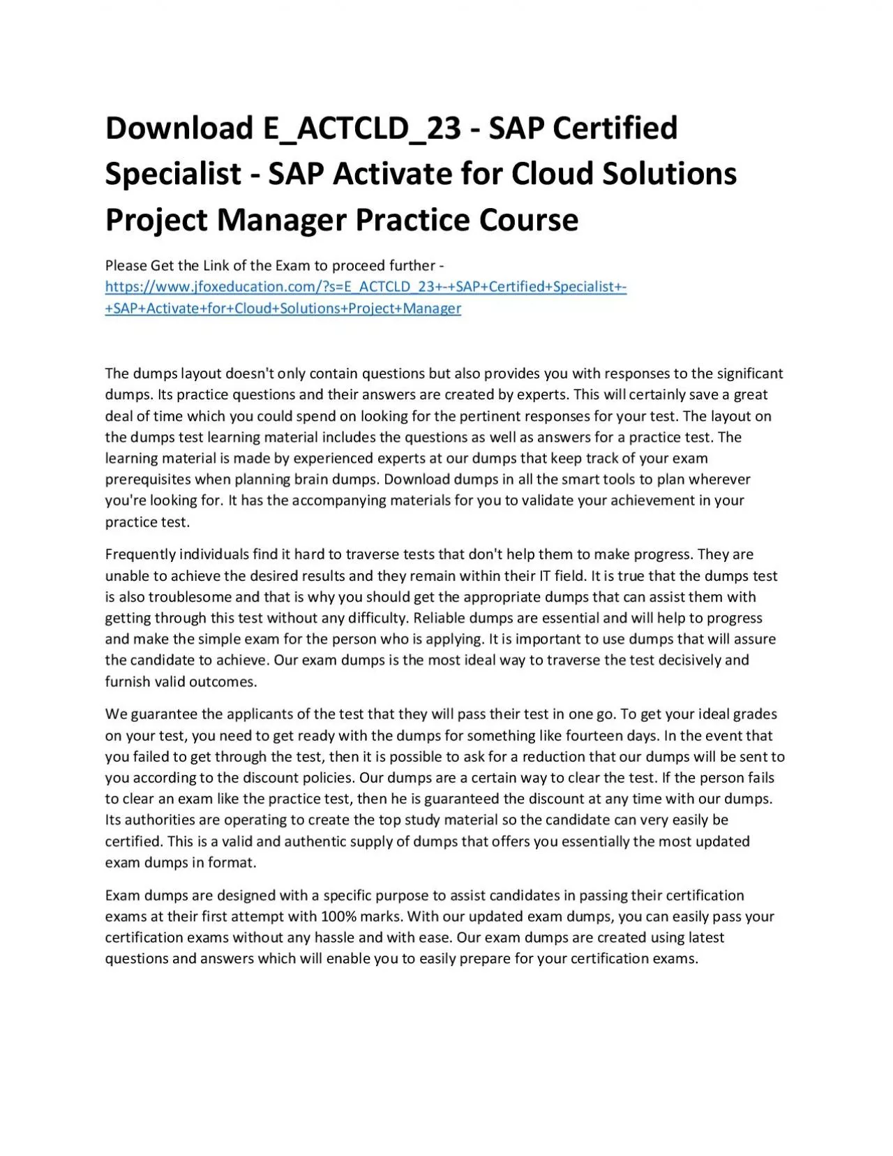 PDF-Download E_ACTCLD_23 - SAP Certified Specialist - SAP Activate for Cloud Solutions Project