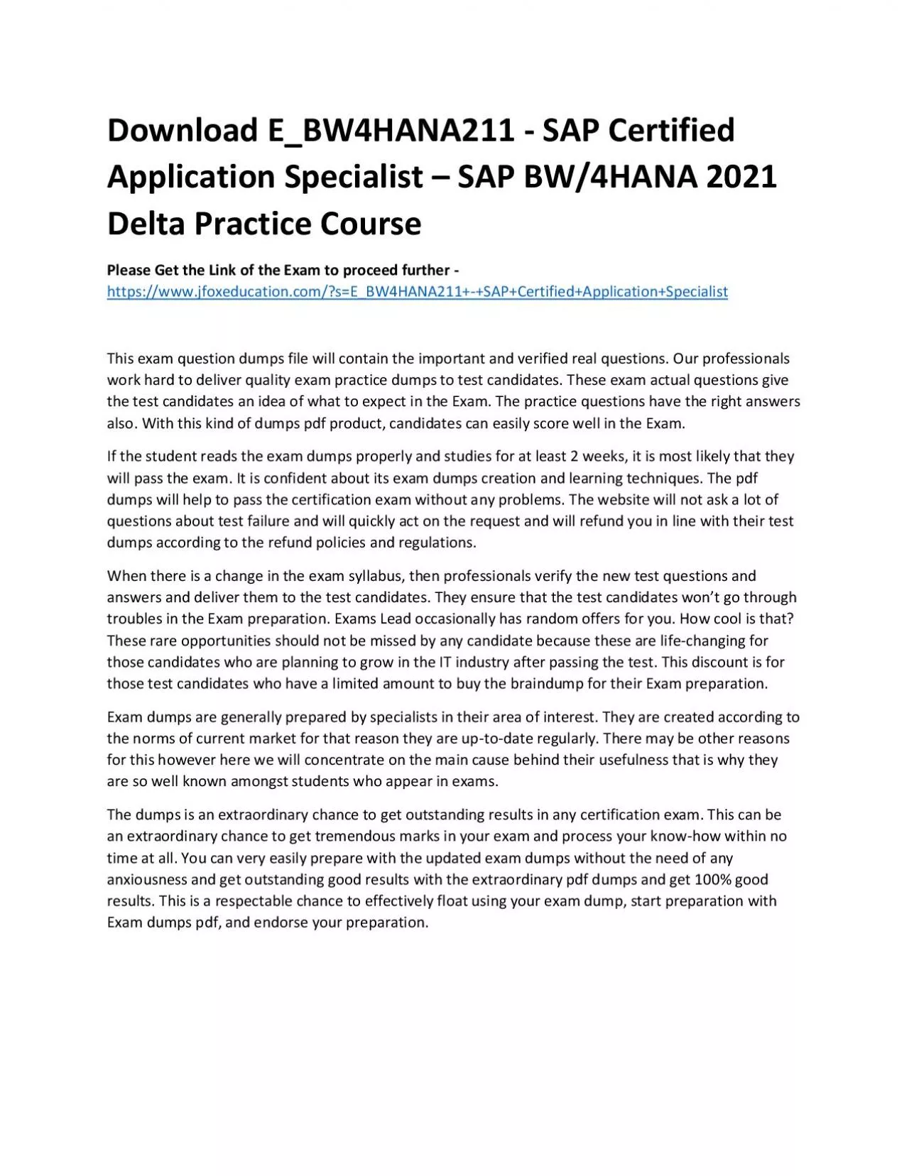 PDF-Download E_BW4HANA211 - SAP Certified Application Specialist – SAP BW/4HANA 2021 Delta