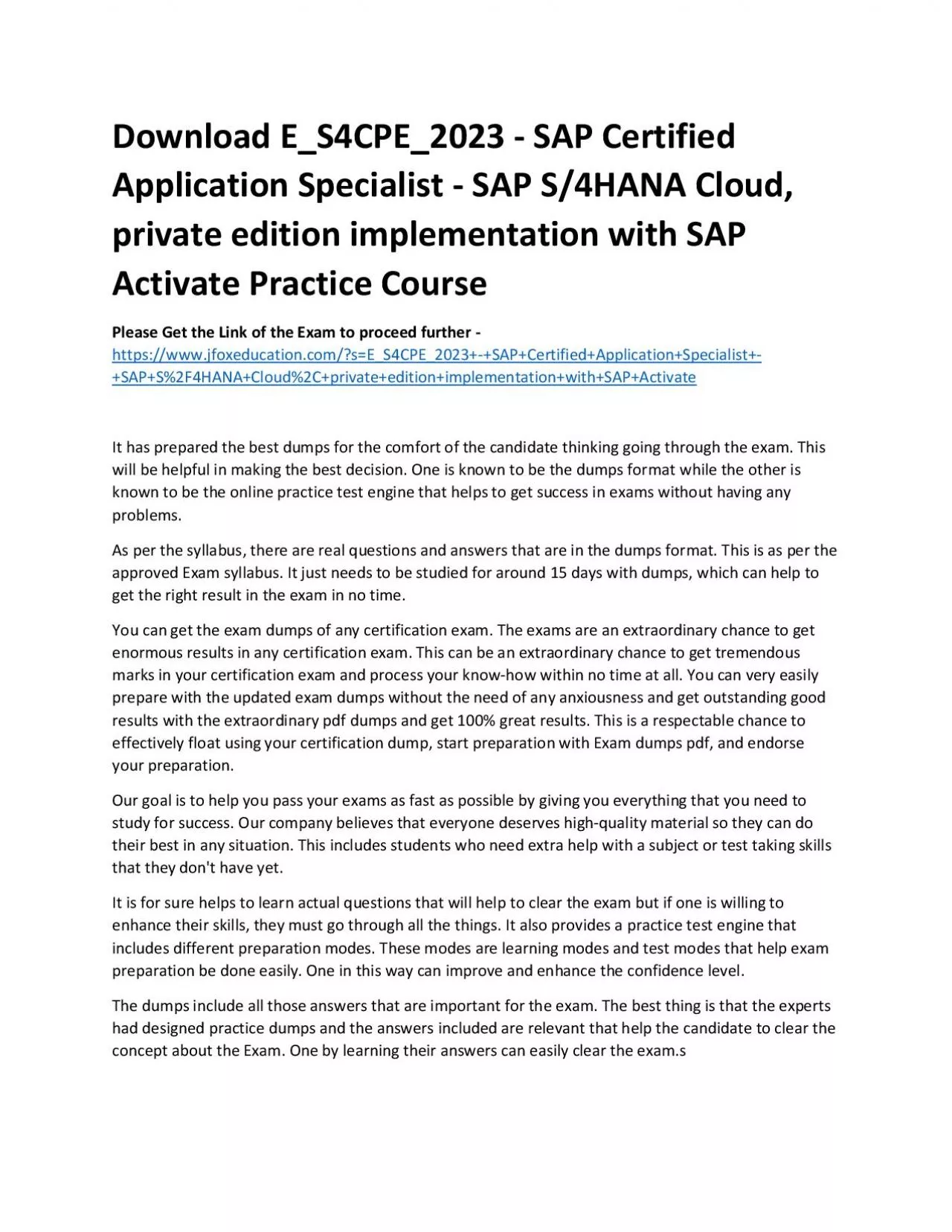 PDF-Download E_S4CPE_2023 - SAP Certified Application Specialist - SAP S/4HANA Cloud, private