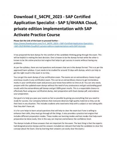 Download E_S4CPE_2023 - SAP Certified Application Specialist - SAP S/4HANA Cloud, private edition implementation with SAP Activate Practice Course