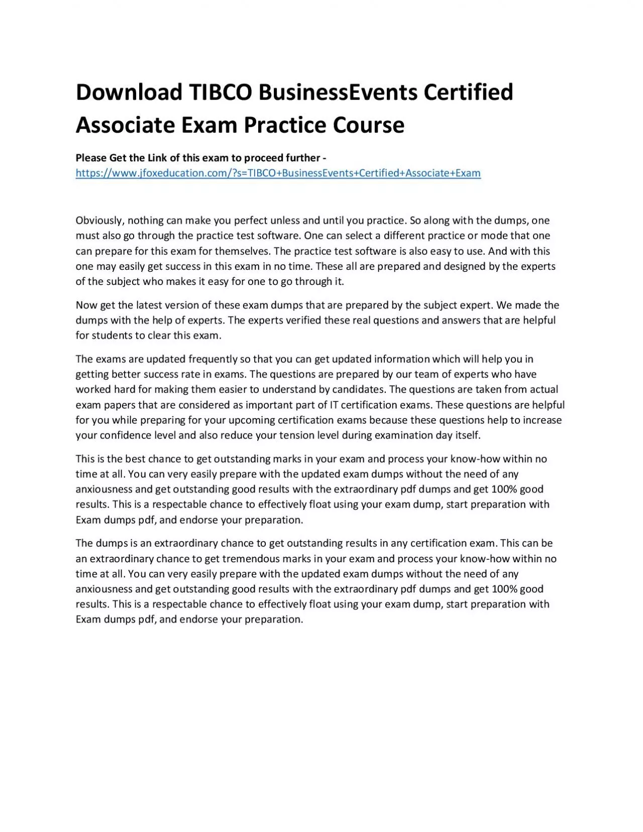 PDF-Download TIBCO BusinessEvents Certified Associate Exam Practice Course