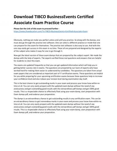 Download TIBCO BusinessEvents Certified Associate Exam Practice Course